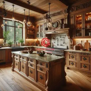 آشپزخانه روستیک با کابینت‌های چوب گردو