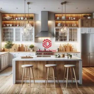  آشپزخانه روستیک مدرن با کابینت‌های سفید و چوب طبیعی