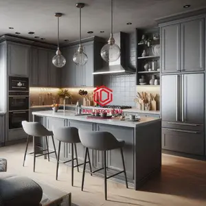 آشپزخانه مدرن با کابینت‌های خاکستری مات