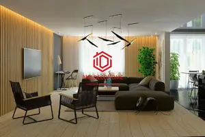 "یک اتاق نشیمن با دیوارپوش‌های چوبی و دکوراسیون هماهنگ